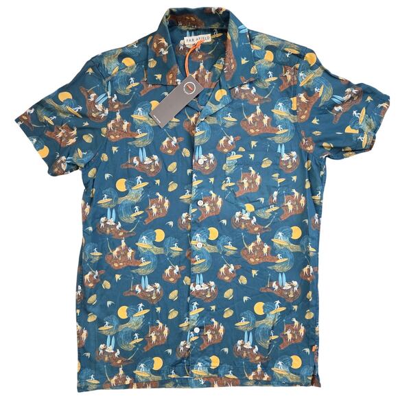 NWT Far Afield Waikiki Hawaii Print Button Down Shirt Small Vacation Beach Fun